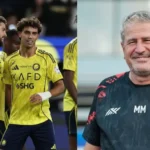 مانولو ماركيز مدرب غوا على اليمين، ونجوم النصر السعودي على اليسار