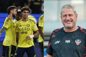 مانولو ماركيز مدرب غوا على اليمين، ونجوم النصر السعودي على اليسار