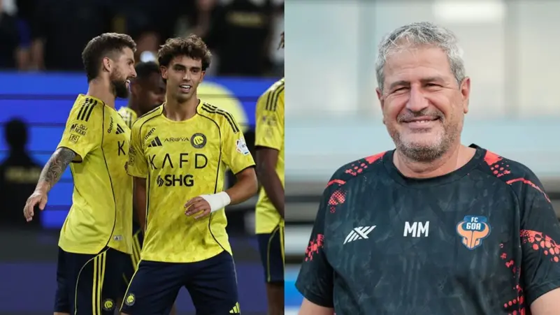 مانولو ماركيز مدرب غوا على اليمين، ونجوم النصر السعودي على اليسار